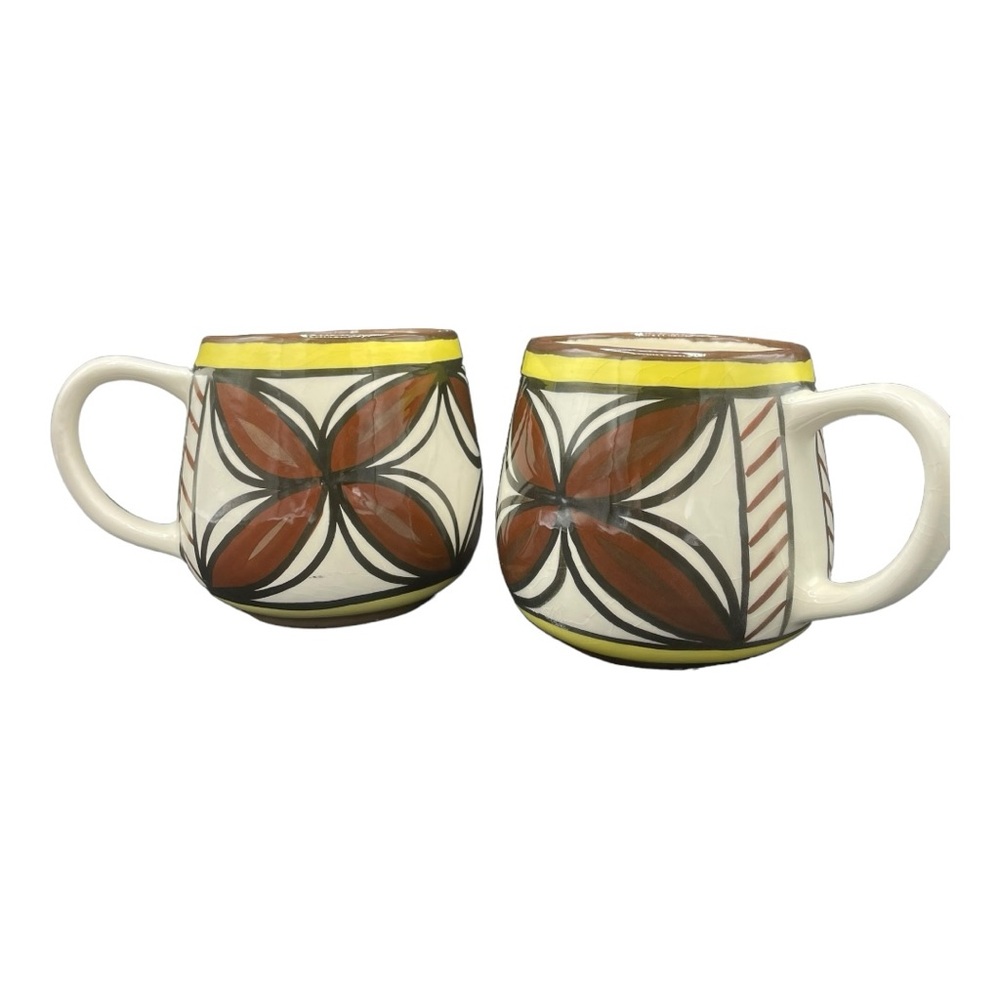 Two Kapa Design Hawaii Ceramic Mugs MCM Brown and Yellow Floral